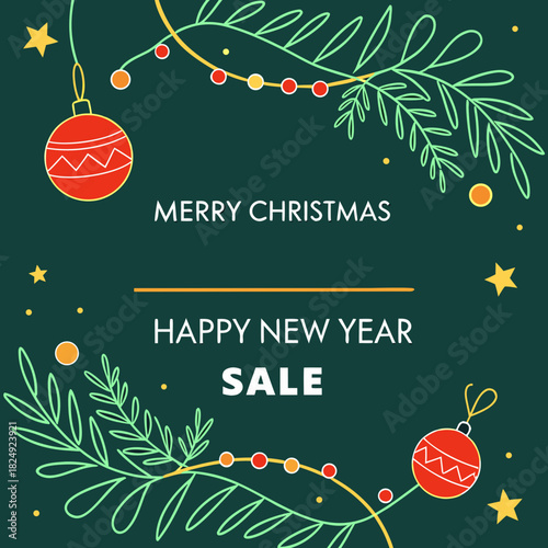 vertical Christmas greeting card banner in paper cut style with tree, candy cane, light bulb, ribbon, snow, star, copy space, decoration, typography and festive holiday background template 