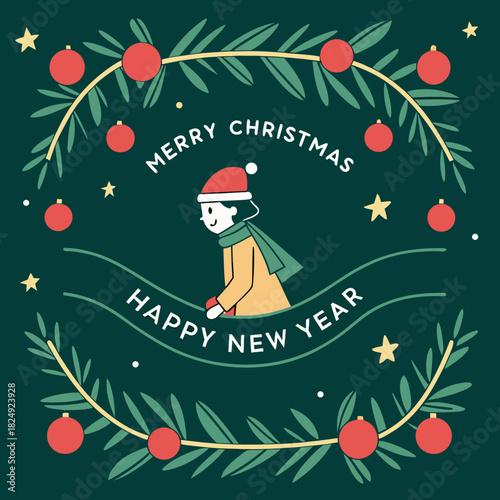 vertical Christmas greeting card banner in paper cut style with tree, candy cane, light bulb, ribbon, snow, star, copy space, decoration, typography and festive holiday background template 