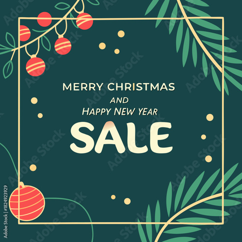 vertical Christmas greeting card banner in paper cut style with tree, candy cane, light bulb, ribbon, snow, star, copy space, decoration, typography and festive holiday background template 