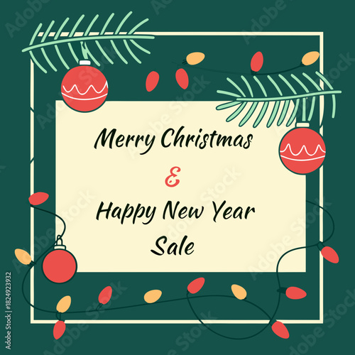 vertical Christmas greeting card banner in paper cut style with tree, candy cane, light bulb, ribbon, snow, star, copy space, decoration, typography and festive holiday background template 