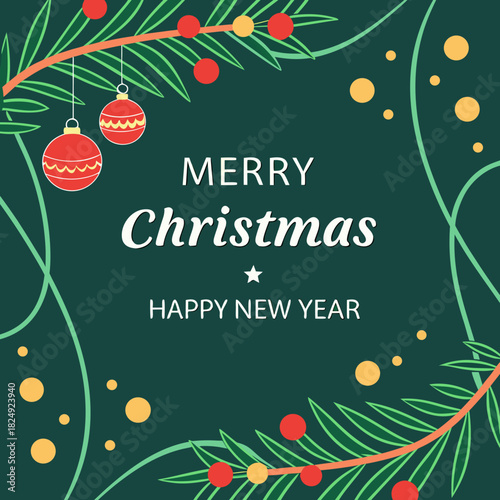 vertical Christmas greeting card banner in paper cut style with tree, candy cane, light bulb, ribbon, snow, star, copy space, decoration, typography and festive holiday background template 