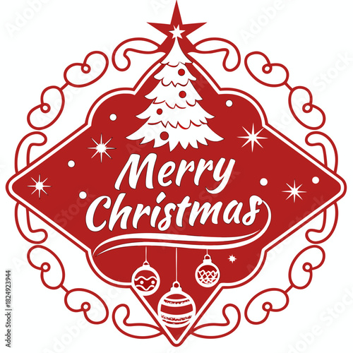 vertical Christmas greeting card banner in paper cut style with tree, candy cane, light bulb, ribbon, snow, star, copy space, decoration, typography and festive holiday background template 