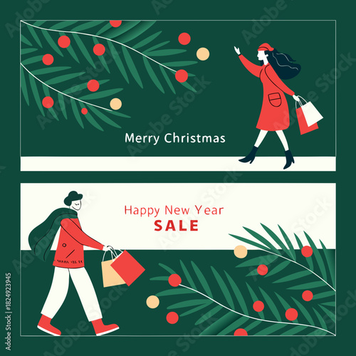 vertical Christmas greeting card banner in paper cut style with tree, candy cane, light bulb, ribbon, snow, star, copy space, decoration, typography and festive holiday background template 