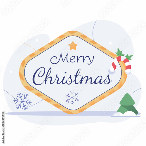 vertical Christmas greeting card banner in paper cut style with tree, candy cane, light bulb, ribbon, snow, star, copy space, decoration, typography and festive holiday background template 