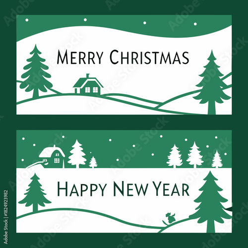 vertical Christmas greeting card banner in paper cut style with tree, candy cane, light bulb, ribbon, snow, star, copy space, decoration, typography and festive holiday background template 