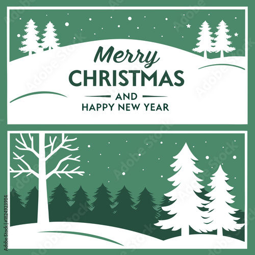 vertical Christmas greeting card banner in paper cut style with tree, candy cane, light bulb, ribbon, snow, star, copy space, decoration, typography and festive holiday background template 