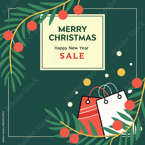 vertical Christmas greeting card banner in paper cut style with tree, candy cane, light bulb, ribbon, snow, star, copy space, decoration, typography and festive holiday background template 