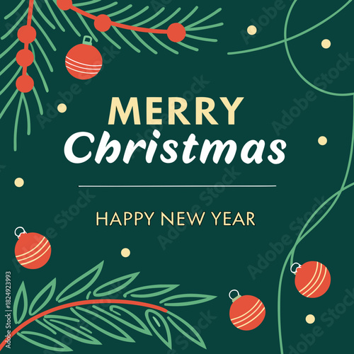 vertical Christmas greeting card banner in paper cut style with tree, candy cane, light bulb, ribbon, snow, star, copy space, decoration, typography and festive holiday background template 