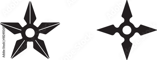 Japanese ninja stars set with two distinct traditional shuriken throwing weapon silhouettes, five-point and four-point designs