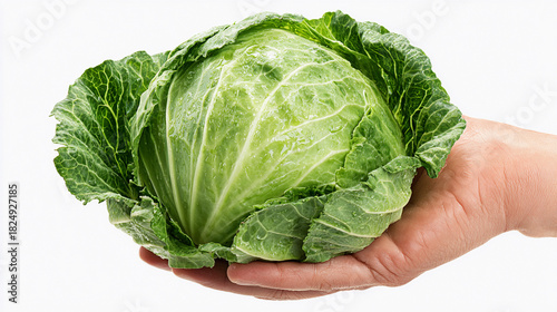 Holding fresh green cabbage with vibrant leaves and dew