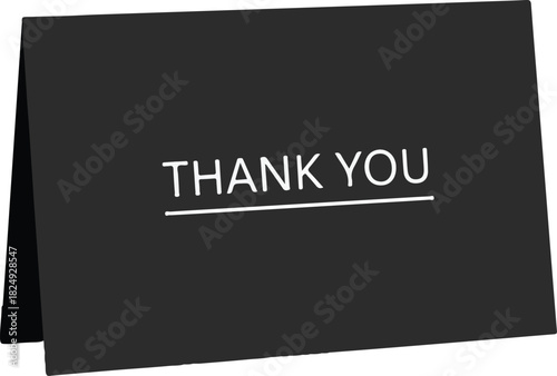 Thank you message on a black folded card, featuring bold white typography for expressing gratitude and appreciation in a clean, modern design.
