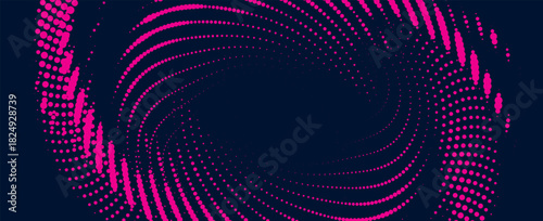 Flowing dot particles wave curve pattern pink and black gradient light isolated on black background in concept of AI technology, science, music.