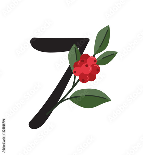 Number 7 with Red Flower and Green Leaves Elegant Botanical Vector for Advent Calendar and Floral Designs.