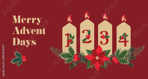 Merry Advent Days with Numbered Candles and Poinsettia Festive Vector Illustration for Holiday Decor and Greeting Cards.
