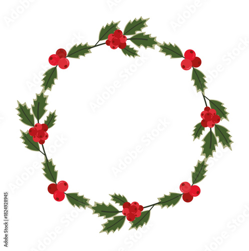 Christmas Wreath with Holly Leaves and Red Berries Circular Vector Frame for Holiday Cards and Seasonal Decoration.