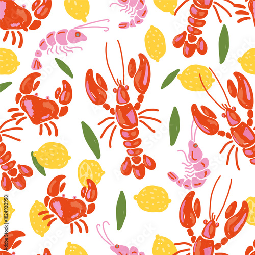 Lobsters, Crabs, Shrimps and Lemons Seamless Pattern on White Background Fun Mediterranean Seafood Design in Hand Drawn Style.