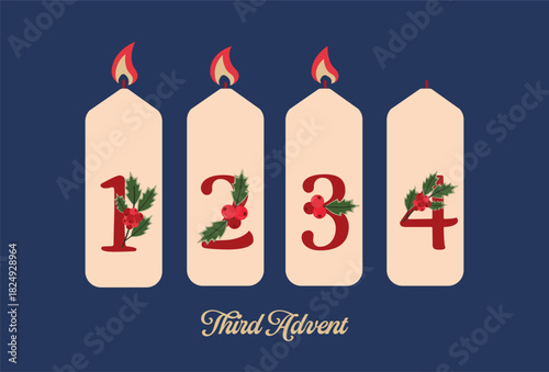 Third Advent Illustration with Numbered Candles and Flames Festive Vector Design for Holiday Decor and Seasonal Cards.