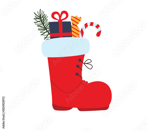 Christmas Boot Filled with Gifts and Candy Cane Festive Vector Illustration for St Nicholas Day and Holiday Decor.