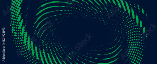 Flowing dot particles wave curve pattern green and black gradient light isolated on black background in concept of AI technology, science, music.