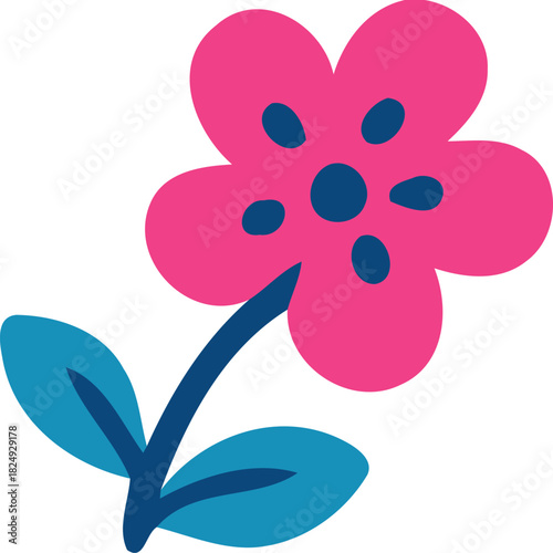 Pink Five-Petal Flower with Blue Leaves Vector