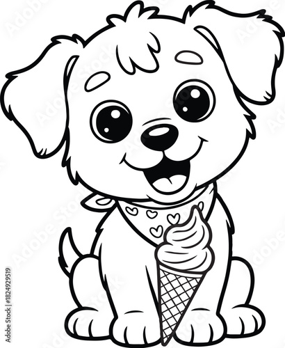 Puppy and Ice Cream: A cheerful puppy, ice cream cone in paw, a delightful image of joy, fun and summer, perfect for kids related contents.