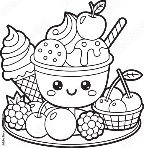 Ice Cream Delight: An adorable illustration of a delightful ice cream sundae, overflowing with an array of sweet treats and fruits, designed to evoke joy and indulgence.