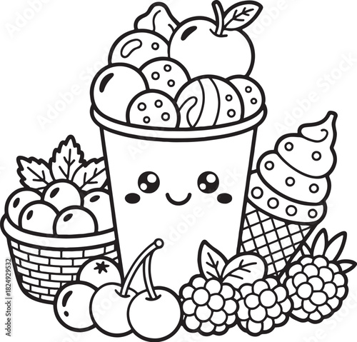 Sweet Treats: a delightful illustration featuring a smiling cup of ice cream, surrounded by an array of fresh fruits and an ice cream cone.
