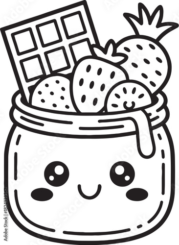 Sweet Delights in a Jar: This adorable illustration shows a charming jar overflowing with an assortment of delectable treats, including strawberries, and a chocolate bar. A visual feast.