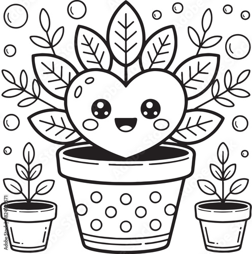 Loving Heart Plant: A whimsical depiction of a smiling heart-shaped plant blossoming with leaves. This delightful illustration encapsulates the themes of love and growth in a charming, playful manner.