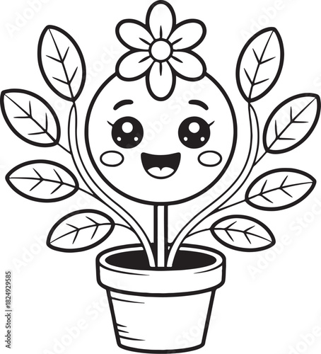 Blooming Joy: A charming illustration depicts a cheerful plant with a smiling face, radiating happiness with its delicate petals, lush leaves, and adorable expression.