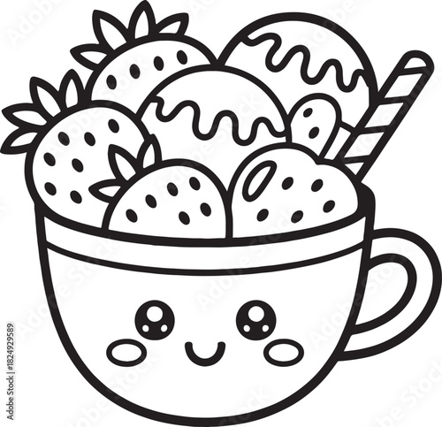 Sweet Treat Delights: An enticing doodle design of a dessert cup brimming with scoops of creamy ice cream and juicy strawberries, evoking pure joy and a sense of sweet indulgence. 