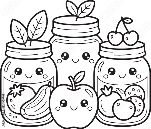 Fresh Fruity Smoothie Delights: Captivating monochrome illustration showcasing an array of smiling, cute smoothie jars with various fresh fruits, inviting a touch of cheer.