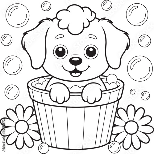 Bath Time Bliss: A charming illustration shows a playful puppy enjoying a bubble bath, surrounded by bubbly suds and joyful moments.