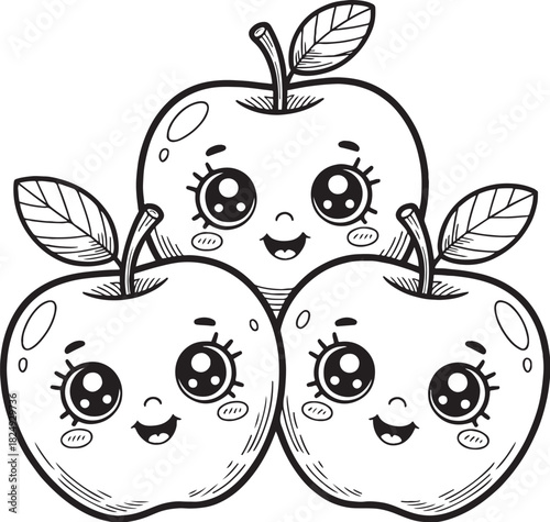 Cute Apples: A charming illustration depicts three adorable apples, each with a cheerful face and expressive eyes, forming a delightful fruit pyramid. This illustration is great for all ages. 