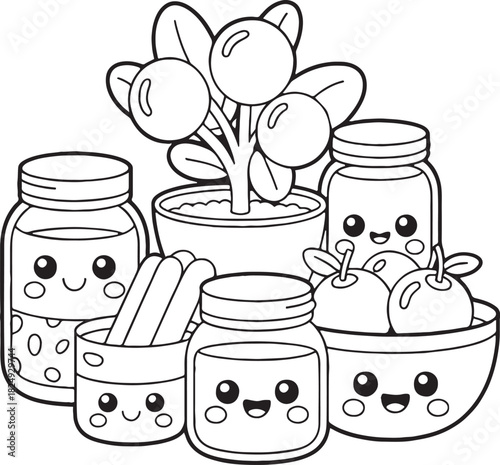 Joyful Kitchen Delights: A collection of charming, smiling mason jars, a potted plant, and a bowl of apples present a cute and cheerful kitchen still life that evoke joy and simplicity.