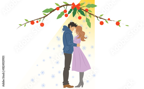 Romantic couple under mistletoe, snow and warm light — tender Christmas vector for greeting cards, social media, festive prints