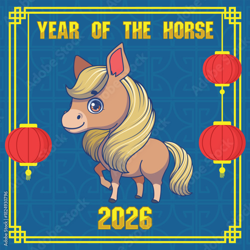 Happy New Year 2026 design with cute horse and lanterns on blue background