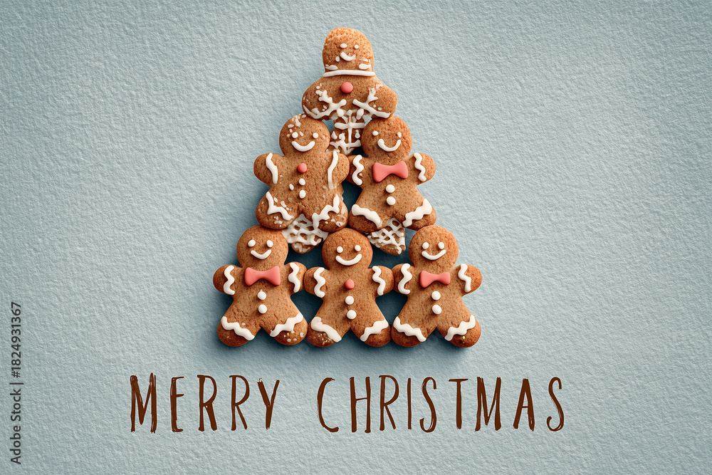 Fototapeta premium Świąteczna kartka z choinką ułożoną z piernikowych ludzików w stylu piramidy. Napis 