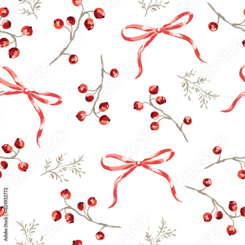 Christmas seamless pattern, red berries, twigs, bows, white background. Vector illustration. Nature design. Season greeting. Winter holidays