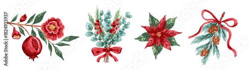 Christmas winter plant set with poinsettia flower and pomegranate branch. Xmas bouquet with fir tree  and red berry