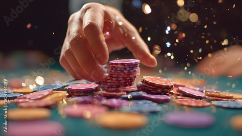 Hand is reaching for a pile of poker chips. The chips are scattered on a table and there are many of them. The scene is set in a casino or a poker game