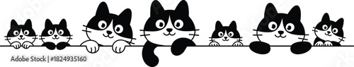 Cartoon black and white cats peeking over a bar with playful expressions for pet-themed, character design, and vector illustration projects.