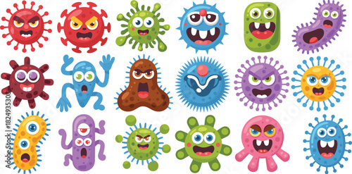 Colorful cartoon germs, cute monster microbes, and funny bacteria characters featuring expressive faces, playful shapes, vibrant colors, and imaginative virus-inspired designs for educational 