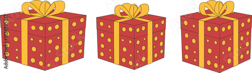 Colorful decorated gift boxes with bows, festive present illustrations in various sizes, holiday celebration packaging design elements for Christmas, birthdays, parties, and special occasions.