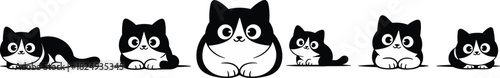 Cute black and white cartoon cats in various sitting and lying poses, adorable kitten characters, playful pet illustration set for children’s designs and creative projects.