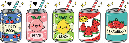 Cute fruit soda can illustration with cherry, peach, lemon, watermelon, and strawberry designs featuring kawaii characters, sparkling accents, colorful labels, and decorative straws.