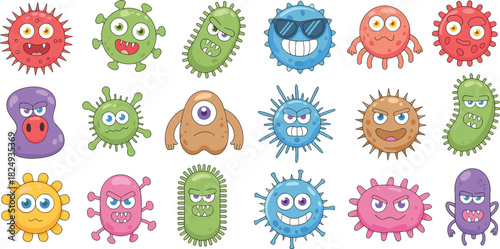 Funny cartoon germ and microbe character set with colorful expressions and shapes for health, hygiene, educational, and microbiology vector illustration projects.