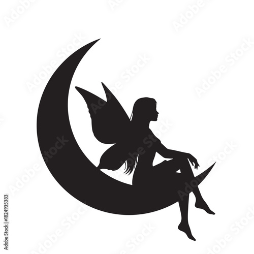 Winged Fairy Silhouette Sitting on Crescent Moon Vector Graphic Design on White Background
