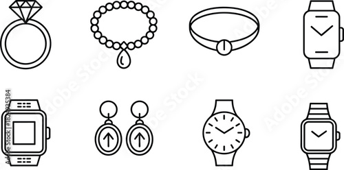 Minimal line art jewelry and watch collection featuring rings, bracelets, earrings, choker necklace, analog wristwatches, and smartwatches designed for fashion accessories, elegance, and modern style.