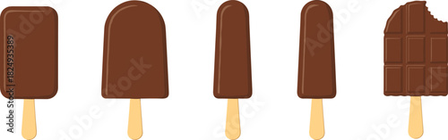 Set of chocolate-covered ice cream bars with varied shapes and bite detail for dessert, snack, and summer-themed vector illustration projects.